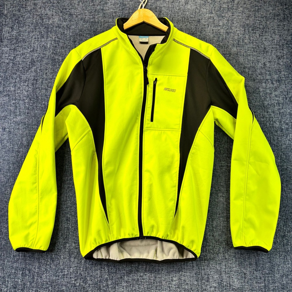 Arsuxeo Cycling Jacket Mens XXL Neon Yellow Black Fleece Lined Reflective Fit